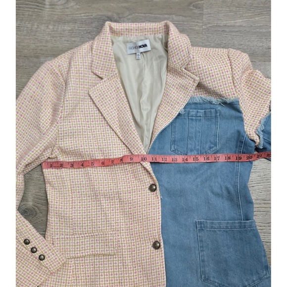 Fashion Nova Denim Tweed Blazer Jacket Women XL Pink Gold Blue - Picture 7 of 10